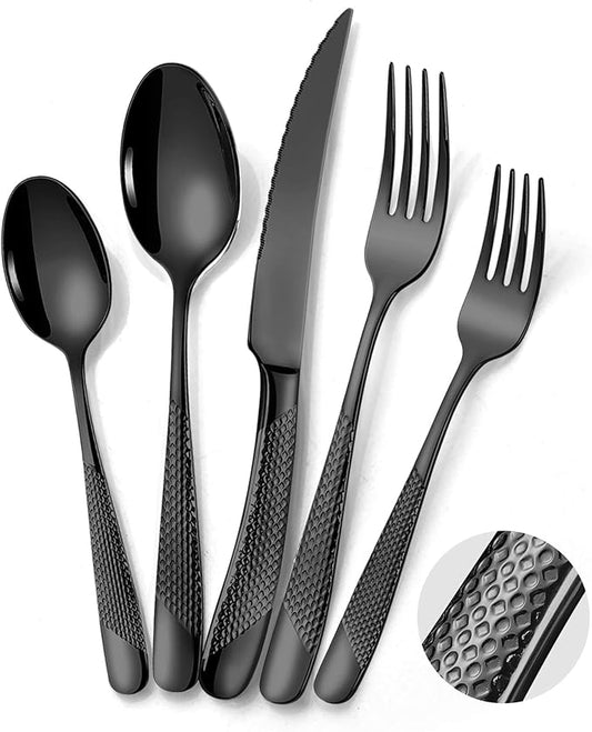 Lemeya 20-Piece Hammered Black Silverware Set for 4 with Serrated Forging Knives,18/10 Stainless Steel Modern Flatware Set,Unique Cutlery Set Spoons and Forks Set,Mirror Polished,Dishwasher Safe