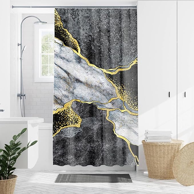 Domoku Black Gold Marble Shower Curtain, Black Golden Cracked Lines Abstract Modern Shower Curtain for Bathroom Decor, Waterproof Texture Washable Fabric, 36 X 72