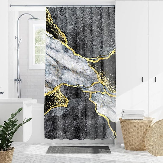 Domoku Black Gold Marble Shower Curtain, Black Golden Cracked Lines Abstract Modern Shower Curtain for Bathroom Decor, Waterproof Texture Washable Fabric, 36 X 72