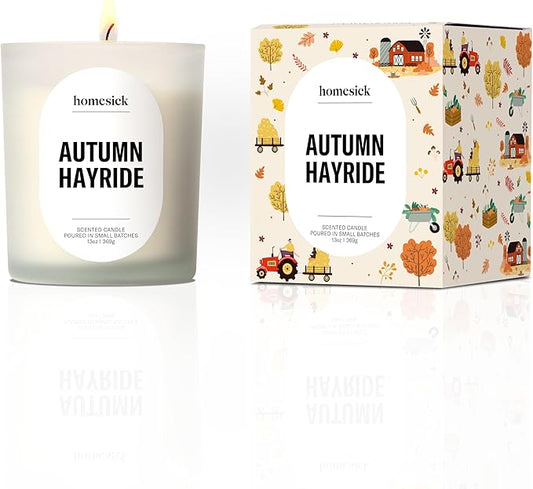 Homesick Autumn Hayride Scented Candle – 13 oz Soy Wax Candle with Organic Cotton Wick, 60–80 Hour Burn, Cozy Apple Cinnamon Vanilla Scent, Reusable Glass Jar, Wedding & Engagement Gifts for Couples