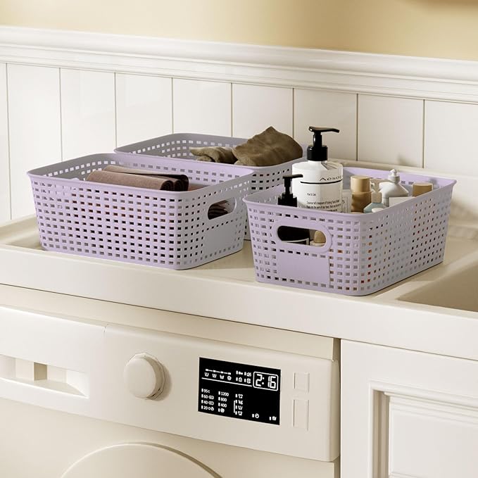 Small Storage Bins with Bamboo Lid, Plastic Storage Box with Lid, 5QT Stackable Organizing Basket with Lable,Storage Container for Classroom, Office, Closet, Shelf Organization, 10x7x4 In-Purple-6 Pcs