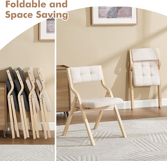 2-Pack Folding Dining Chairs with Cushion,Padded Foldable Dining Chairs,Portable Wooden Folding Chairs for Dining Rooms Kitchen Wedding and Party Indoor Beige