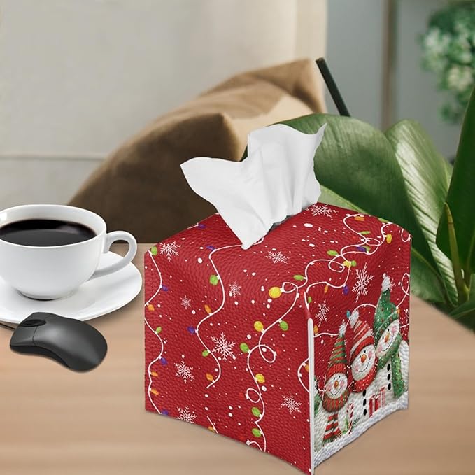 Cute Snowman Tissue Box Cover Red Christmas Square Tissue Box Holder for Barthoom Bedroom Office Car PU Leather Tissues Holder Dispenser Home Decor