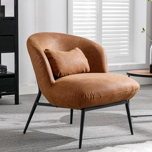 Modern Accent Chair, Upholstered PU Leather Side Chair Guest Chair with Small Pillow Black Metal Legs, Comfy Lounge Chair for Living Room Bedroom, Brown