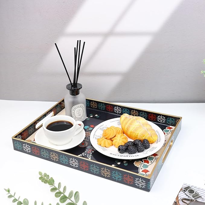 Spsyrine Serving Tray with Handles, Plastic Decorative Tray for Coffee Table, Living Room, Home Decor, 3040M