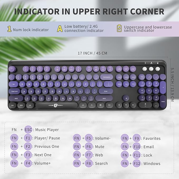FD Wireless Keyboard and Mouse Combo | Cute Colorful Keyboard and Mouse with 2.4GHz Cordless Retro Typewriter Keyboard | Auto-Sleep | USB Receiver for Windows PC/Laptop - Black Purple Gradient