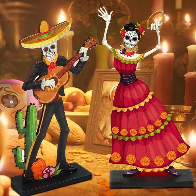 2 PCS Day of the Dead Centerpieces, Wooden Dancing Couple Sugar Skull Signs Decor Day of the Dead Table Decor Mexican Dia De Los Muertos Decor for Table Mexican Festival Halloween Decor