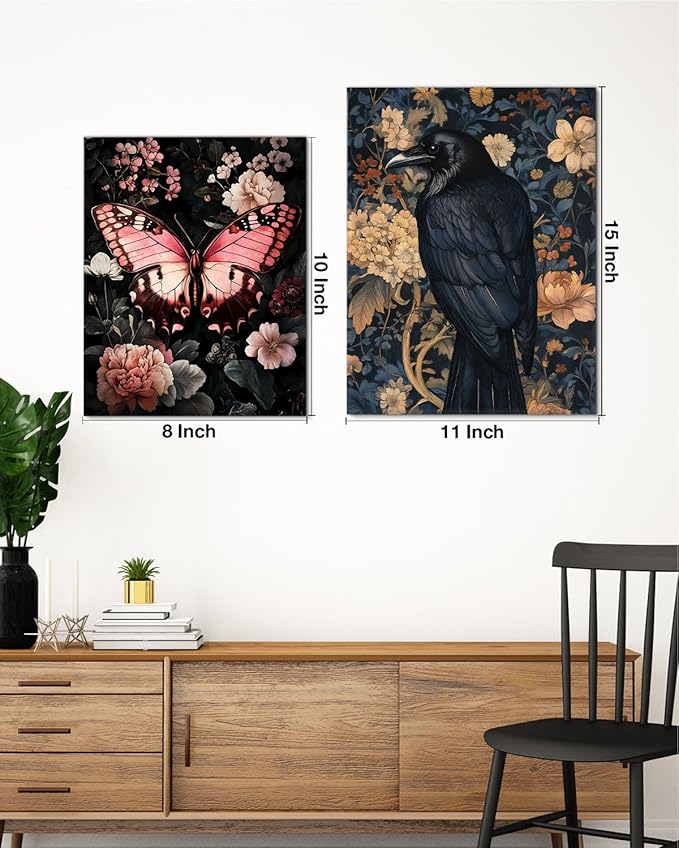 Aesthetic Raven Floral Wall Art Decor Vintage Raven Cottagecore Canvas Print Poster Dark Academia Framed Painting Wall Decoration for Home Farmhouse Living Room Bedroom 11x15 Inch