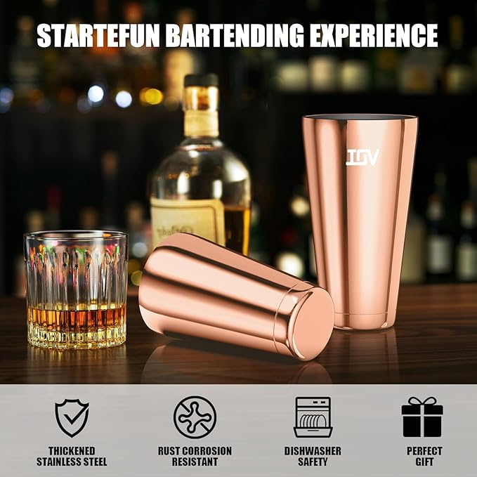 IOV Boston Cocktail Shaker Set, 18oz & 28oz Stainless Steel Weighted Shaker Tins, Metal Martini Drink Mixer for Bartending, Professional Bar Tools with Cocktail Recipe Guide, Rose Gold