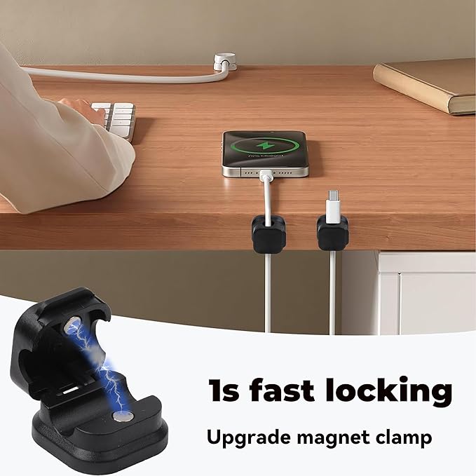 8 Pack Cable Management Clips Home Office Desk Cord Keeper Organizer Accessories Charger Organizer Cord Holder for Nightstand (Black)