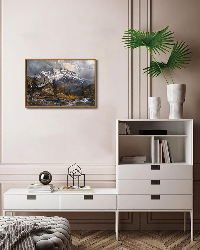 KISSFOX Vintage Landscape Alpine Canvas Wall Art Winter Farmhouse Snow Mountain Chalet Framed Wall Art Natural Countryside Paintings Artwork Rustic Art Prints For Bedroom Bathroom Living Room