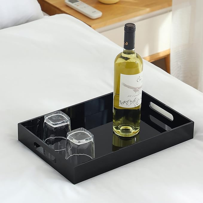 Black Oversize Acrylic Serving Tray with Handles 12x20 Inch -Spill Proof- Decorative Trays Countertop Organizer for Ottoman,Nightstand, Sidetable, Butler (12X20 Inch, Black)