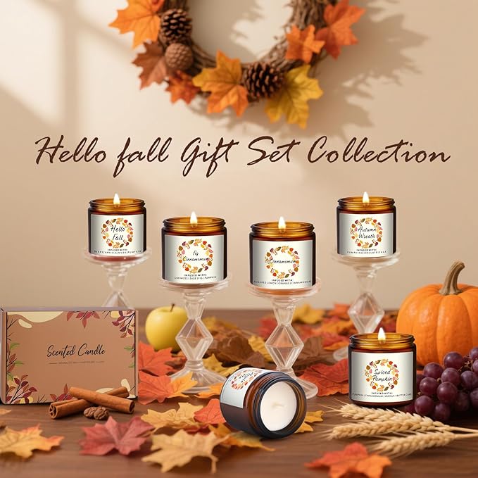 Fall Candle Gifts Set,6 Pack Scented Candles for Home Decor- Autumn Scent of Berry,Sugared Lemon,Spiced Apple,FIG Pumpkin,Cinnamon,Autumn Decorations for Home, Fall Candle Gifts Basket for Women