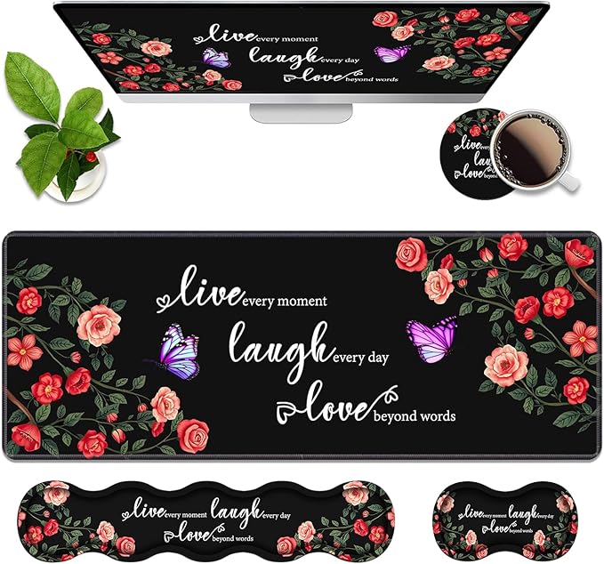 4 in 1 Ergonomic Memory Foam Mouse Pad Wrist Rest Set, Large XXL Gaming Desk Pad + Keyboard Wrist Rest + Mouse Wrist Cushion + Coaster for Home Office Study Gaming, Floral Quotes Live Laugh Love