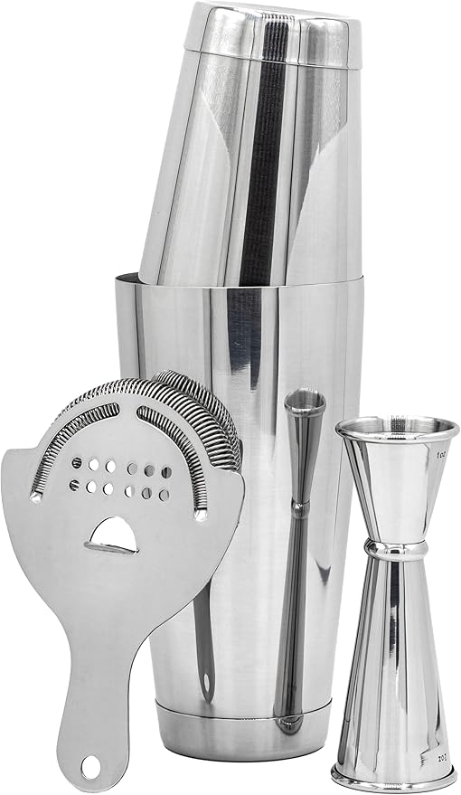 Professional Cocktail Shaker Set Bartending Kit: Weighted Boston Shaker Tins, Hawthorne Strainer and Japanese Jigger