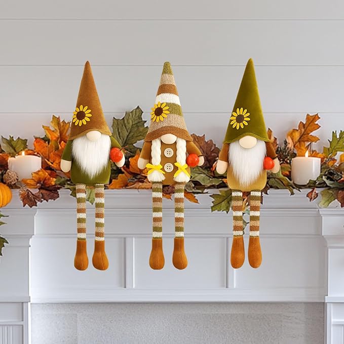 Thanksgiving Decorations Fall Decor 3PCS Fall Pumpkin Gnomes Plush for Thanksgiving Day Gift, Fall Decorations for Home, Fall Leaves and Dangle Legs Gnomes for Fall Table Ornaments