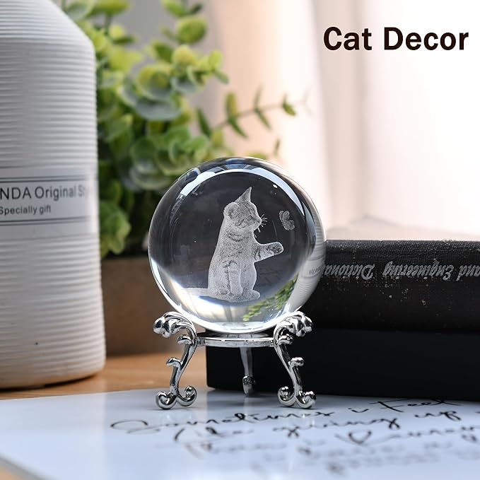 IFOLAINA 3D Cat Themed Gifts for Women 3D Crystal Ball Cat Related Sympathy Figurines Presents Kitty Decorative Globe Decor with Stand