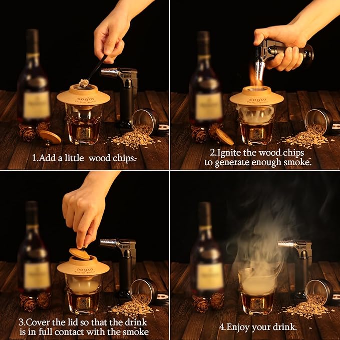 Whiskey Smoker Kit, Cocktail Smoker Kit with Torch,Old Fashioned Bourbon Smoker Kit, 4 Flavors Wood Chips Cocktail Drink Smoker Infuser Kit, Bourbon Whiskey Gifts for Men, Dad (No Butane)