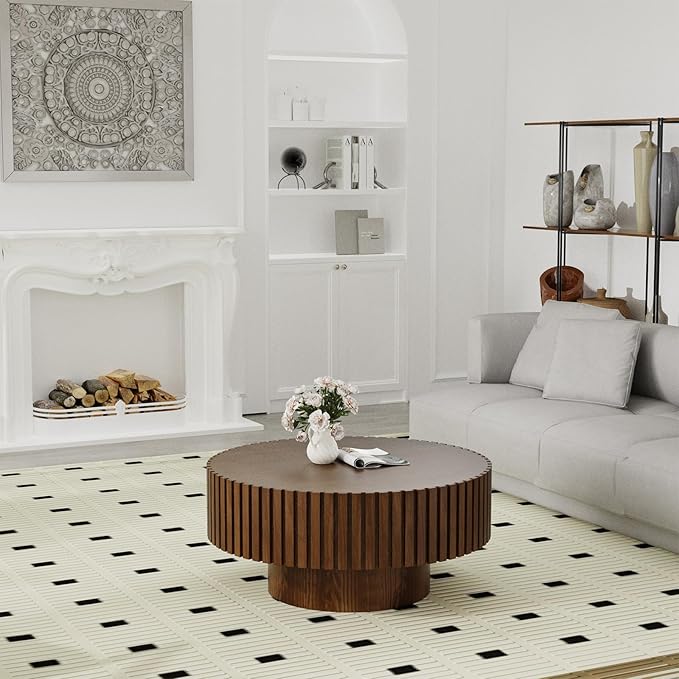 Round Fluted Coffee Table Mid Century Modern Coffee Tables with Handcrafted Relief Circle Drum End Table Rustic Industrial Center Tables for Apartment Living Room (Brown Round)