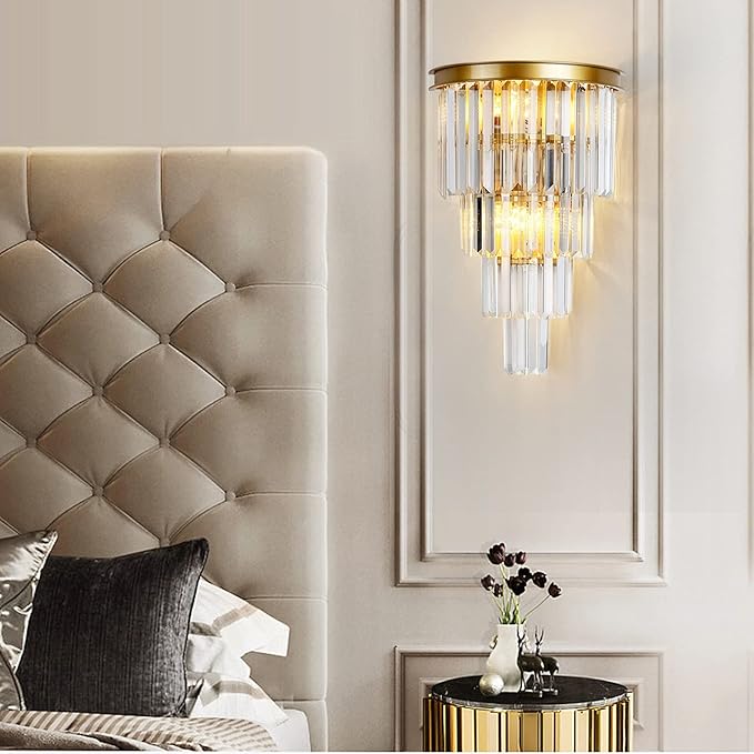 Gold Crystal Wall Sconce, Modern 4-Tiers Crystal Wall Lights for Living Room, Clear K9 Crystal Wall Lamps, Wall Mount Dining Room Kitchen Bedroom Hallway Lighting Fixtures