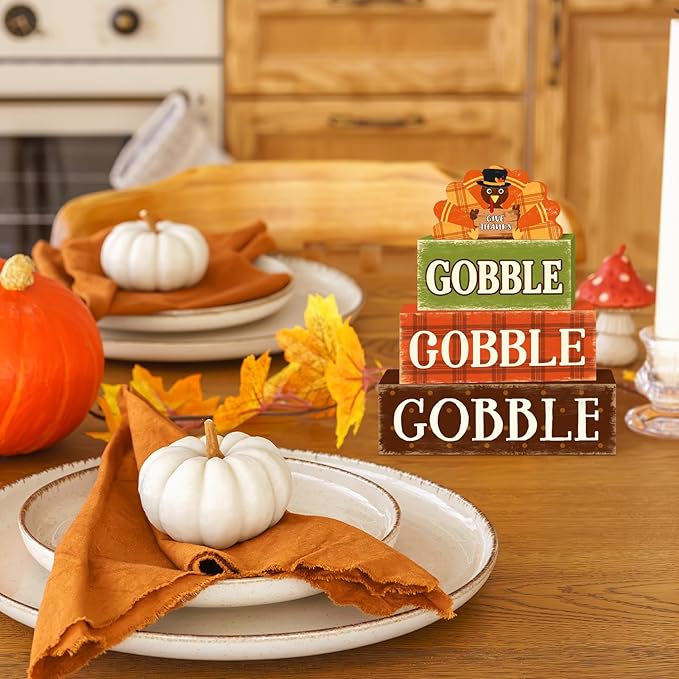 4 Pcs Fall Decorations for Home Thanksgiving Turkey Tiered Tray Decor, Fall Table Decor Farmhouse Rustic Wooden Turkey Block Sign Autumn Harvest Tabletop Centerpieces for Home Kitchen Indoor