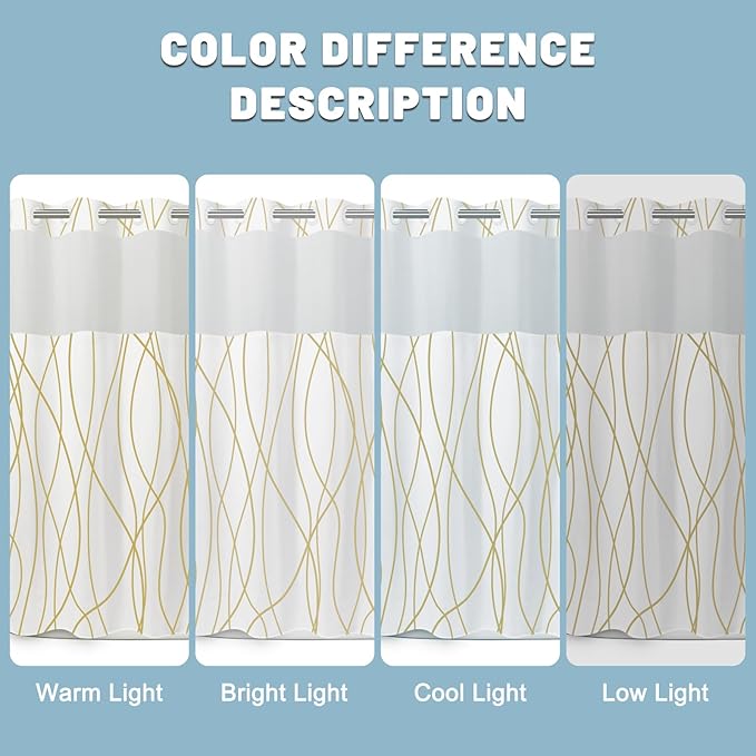 No Hook Gold White Striped Shower Curtain with Snap in Liner Set - Hotel Shower Curtain and Liner Set with See Through Mesh Top Window,Machine Washable, 71x74 INCH