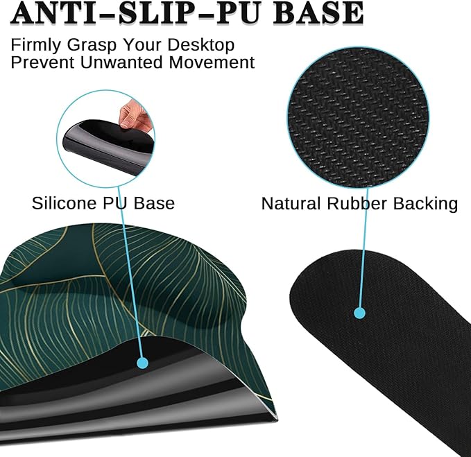 Britimes Ergonomic Mouse Pad Set with Wrist Rest Green Palm Leaves Non-Slip Rubber Base Wrist Cushion Support and Coasters Mousepad with Wrist Support for Computer Keyboard and Desk