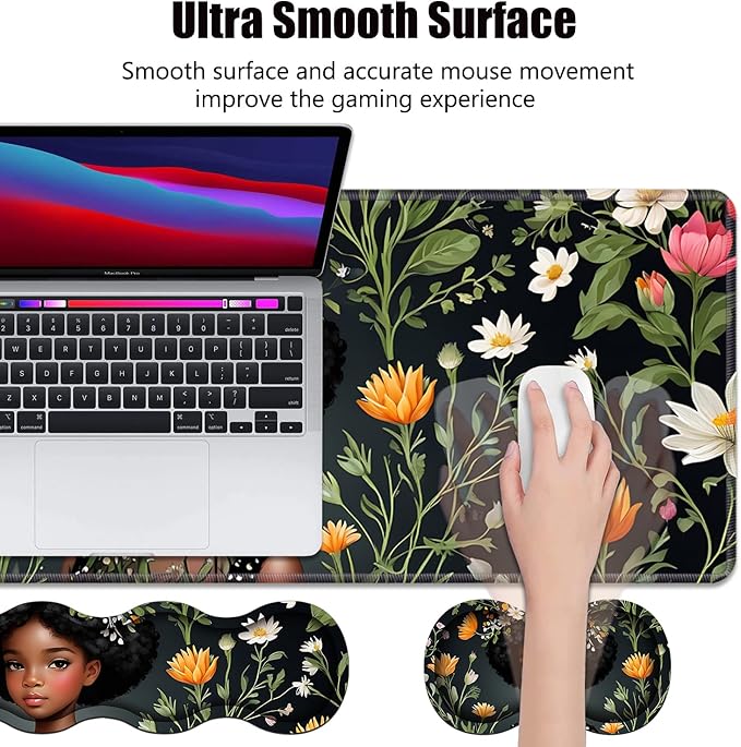 4 in 1 Ergonomic Memory Foam Mouse Pad Wrist Rest Set, Large XXL Gaming Desk Pad + Keyboard Wrist Rest + Mouse Wrist Cushion + Coaster for Home Office Study Gaming, African American Black Girl