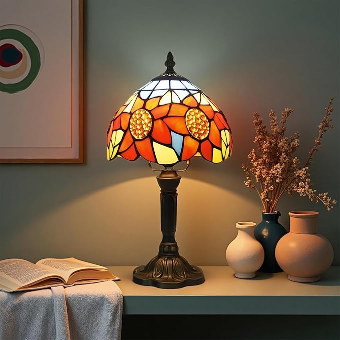 Tiffany Table Lamp Sunflower Stained Glass Lamp,8" Small Tiffany Lamp for Living Room Home,Bedroom Bedside Vintage Lamp for Office Dorm Bar Decor Gift,Included LED Bulb