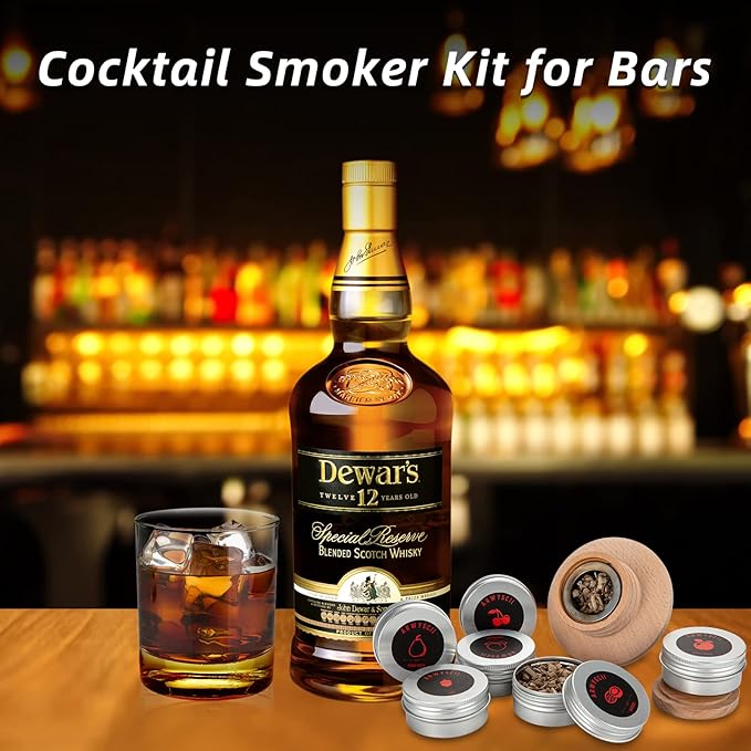 Premium Cocktail Smoker Kit with 6 Wood Smoking Chip Flavors - Perfect for Old-fashioned, Whiskey, and Bourbon Lovers. Great Gift Idea for Husband, or Father's Birthday, Holidays. (Torch Not Included)