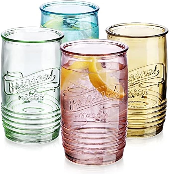 Glaver's Set Of 4 Original Mason Collins Glasses Assorted Colored Drinking Glasses For Juice, Cocktails, Beverage Glass Cups, Hand Wash-In Cold Water (Original Mason Colored 20 OZ)