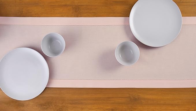 Solino Home Pink Hemstitch Table Runner 48 Inches - Cotton Linen Small Table Runner 14 x 48 Inch Ideal for Dresser and Coffee Tables - Fall, Autumn, Halloween, Thanksgiving, Christmas