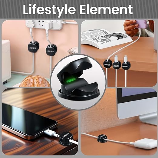 6 Pack Adhesive Cable Clips Black Spring Loaded Cord Holders for Nightstand, Desk, Wall, Car, or Bedside Ideal Charging Cable Organizer for Home or Office Setup