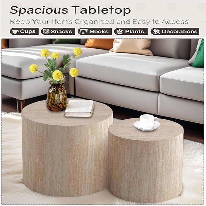 Modern Round Wooden Nesting Circle Coffee Table Set of 2 with Non-Slip Feet, Accent Side End Table, Saving Space Design and No Need Assembly,B