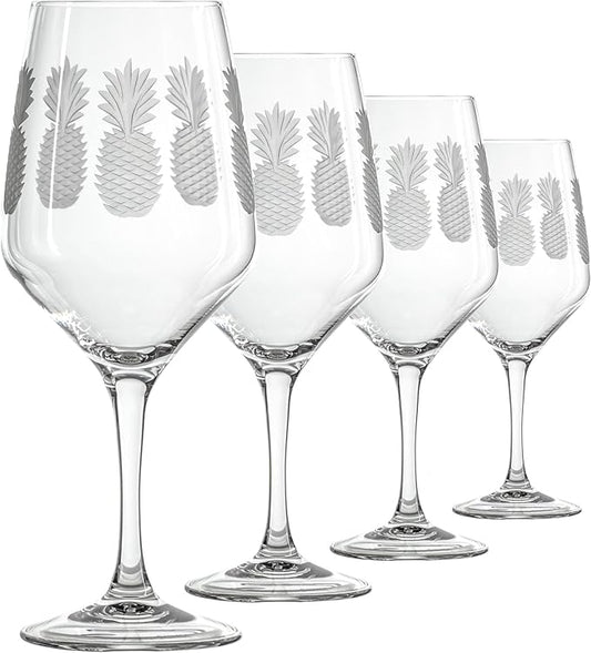 Rolf Glass Fresh Pineapple All Purpose Wine Glass | 19.5oz Stemmed Glass | Lead-Free and Diamond-Wheel Engraved | Tropical Etched Pineapple Design | Coastal Glassware | Set of 4