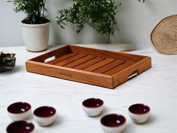 Vesta Homes Large Teak Wood Serving Tray for Home, Kitchen, Breakfast, Restaurant, Office Organizer, Dining Table | Premium Wooden Tray |15 * 10 * 1.5 Inches | Handmade in India
