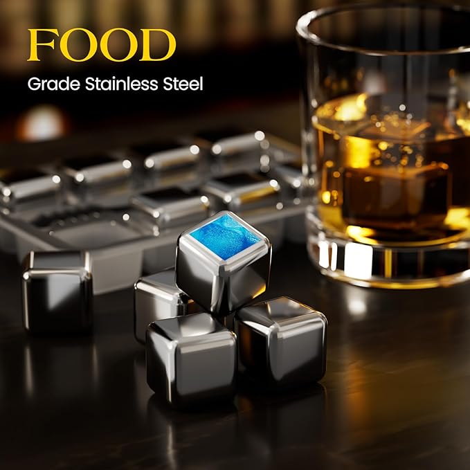 Kollea Fathers Day Whiskey Stones, 8 Packs Stainless Steel Whiskey Chilling Rocks, Reusable Ice Cube for Drinking, Cool Birthday Gift for Men Dad, Boyfriend, Beer Lover, Bourbon, Scotch, Gin, Beverage