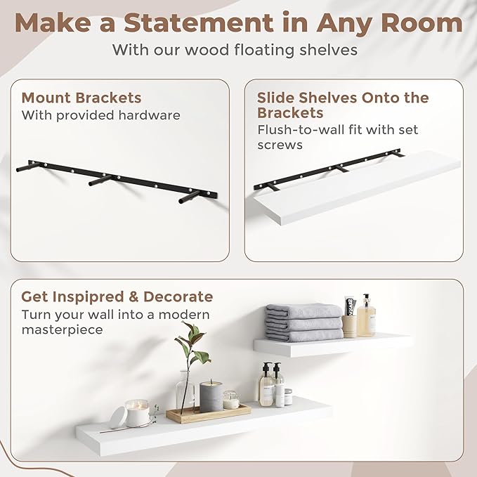 Floating Shelves for Wall with Invisible Brackets, Wall Mounted Engineered Wood Shelves with Wood Grain for Living Room, Bedroom, Bathroom, Kitchen Decor and Storage, Oak, 71"L Set of 2, White