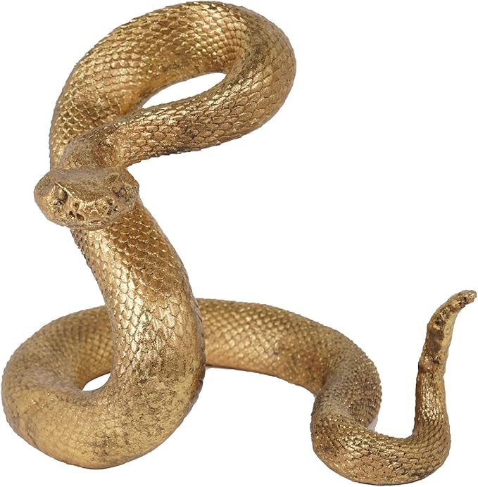 Guichifun Snake Statue Decor Collectible Figurines - Gold Resin Animal Chinese New Year Mascot Home Shelf Office Table Halloween Decoration 7.25 x 7.25 x 6.5 Inch