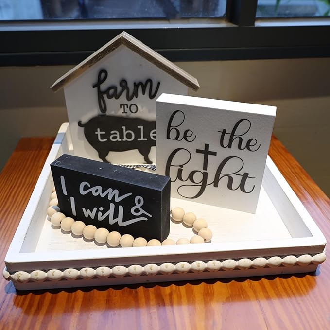 Square Wood Decorative Serving Tray, Rustic Coffee Table Tray for Ottoman,Kitchen Counter Organizer, Bedroom, Home Decor(Whitewashed)