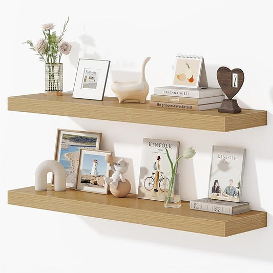 Dreamland 40 Inches Floating Shelves for Wall, 9.3" Deep Long Floating Shelves Set of 2, Large Display & Storage Shelf, Wall Shelf for Bathroom Bedroom Living Room Kitchen Office, Oak