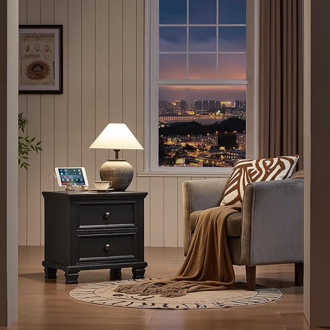 Farmhouse Nightstand with Charging Station, Rustic Low Night Stand with 2 Drawers, Mid-Century Modern End Table with 4 Square Solid Wood Legs, Small Dresser for Bedroom, Home, Black