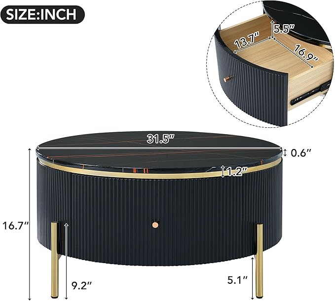 Modern Round Coffee Table with 2 Large Drawers Storage Accent Table(31.5'')