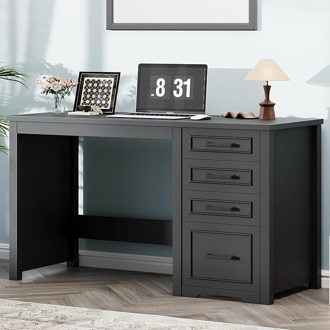 Vabches Farmhouse 49” Executive Desk with File Drawer, 4 Drawers Reversible Computer Desk with Storage, Rustic Home Writing Workstation for Home Office.Black