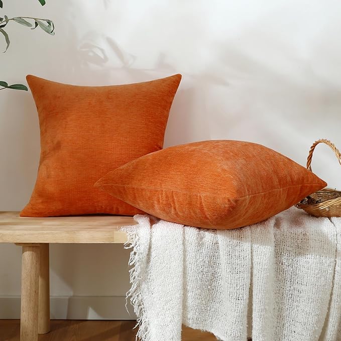 Jeneoo Bright Orange Decorative Throw Pillow Covers Soft Chenille Comfy Square Couch Cushion Cases for Living Room Sofa Decor (Set of 2, 18 x 18 Inches)