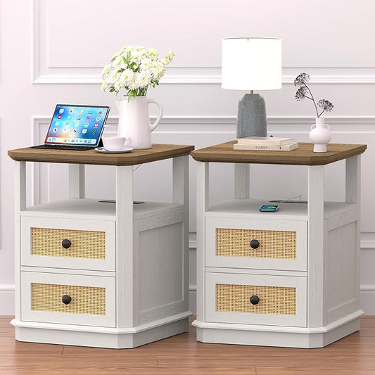 End Table Set of 2 with Charging Station, 24” Tall Sofa Side Table with Rattan Drawer, Anti-Collision Angle Wooden Night Stand for Living Room, Bedroom, Office
