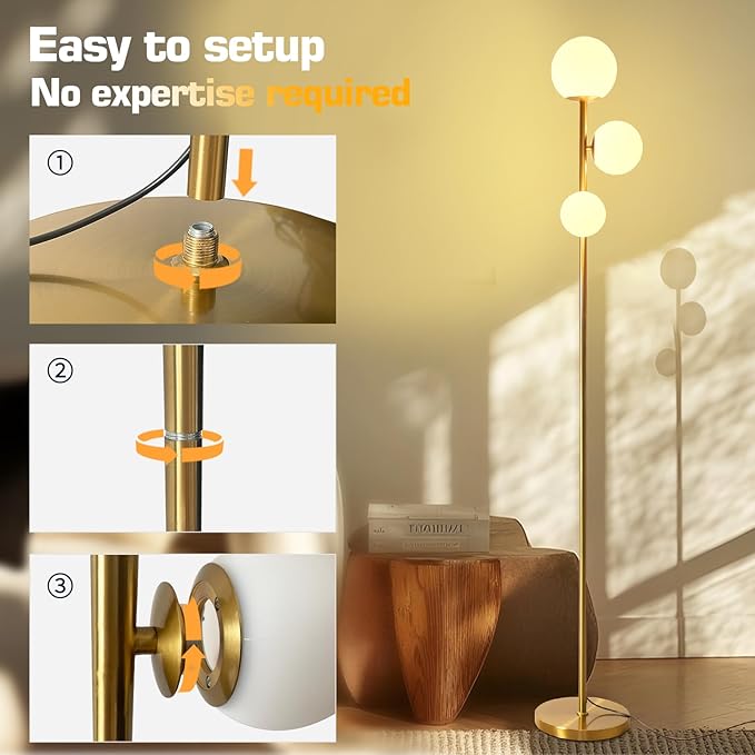 Mid Century Gold Floor Lamp,Dimmable LED Brass Floor Lamp Touch Control with Remote,Vintage Modern 3 Globe Standing Lamp for Corner,Living Room,Bedroom