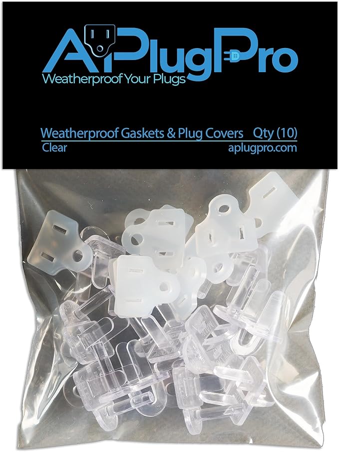 The Original Weatherproof Gaskets & Plug Covers - Made in USA, Outdoor Waterproof GFCI Protectors, Christmas Light Installation, Extension Cords, Stop GFCIs from Tripping (Clear, Qty 10) - by APlugPro