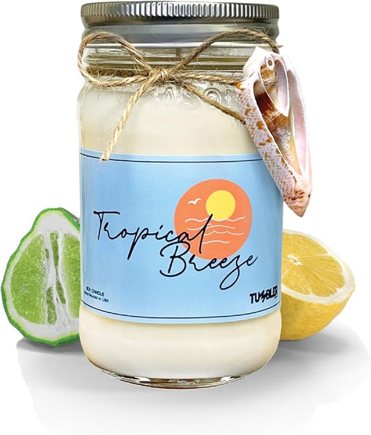 Tumbler Home Beach Candle, Large Scented Summer Candle, 100% Soy Wax, 90 Hour Burn, Mason Jar with Real Shell, Coastal Decor & Beach Themed Gift for Women, Made in USA, Tropical Fruits Fresh Air Scent
