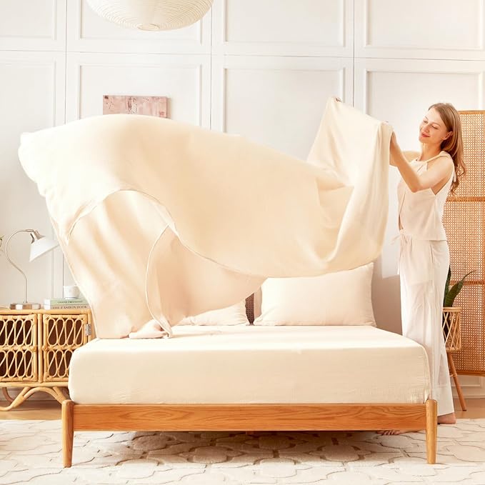 Twin Sheets Set 100% Cotton Bed Sheets Gauze 3 Pcs Linen Like Textured Beige Fall 16" Deep Pocket Sheet & Pillowcase Sets Boho Muslin Soft Bedding Sets for All Season Machine Wash